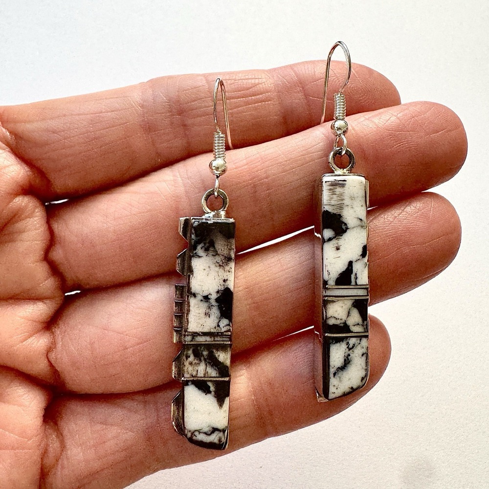 Long Navajo White Buffalo Earrings 2" Sterling 925 Signed B Etcitty Native Amer - Picture 4 of 8